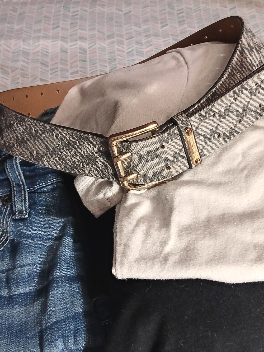 Michael Kors Gray Logo Monogram Leather Belt with Gold Buckle